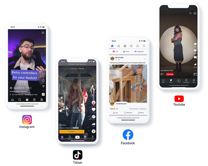 Four phones showcasing ads for Instagram, Tiktok, Facebook and Youtube