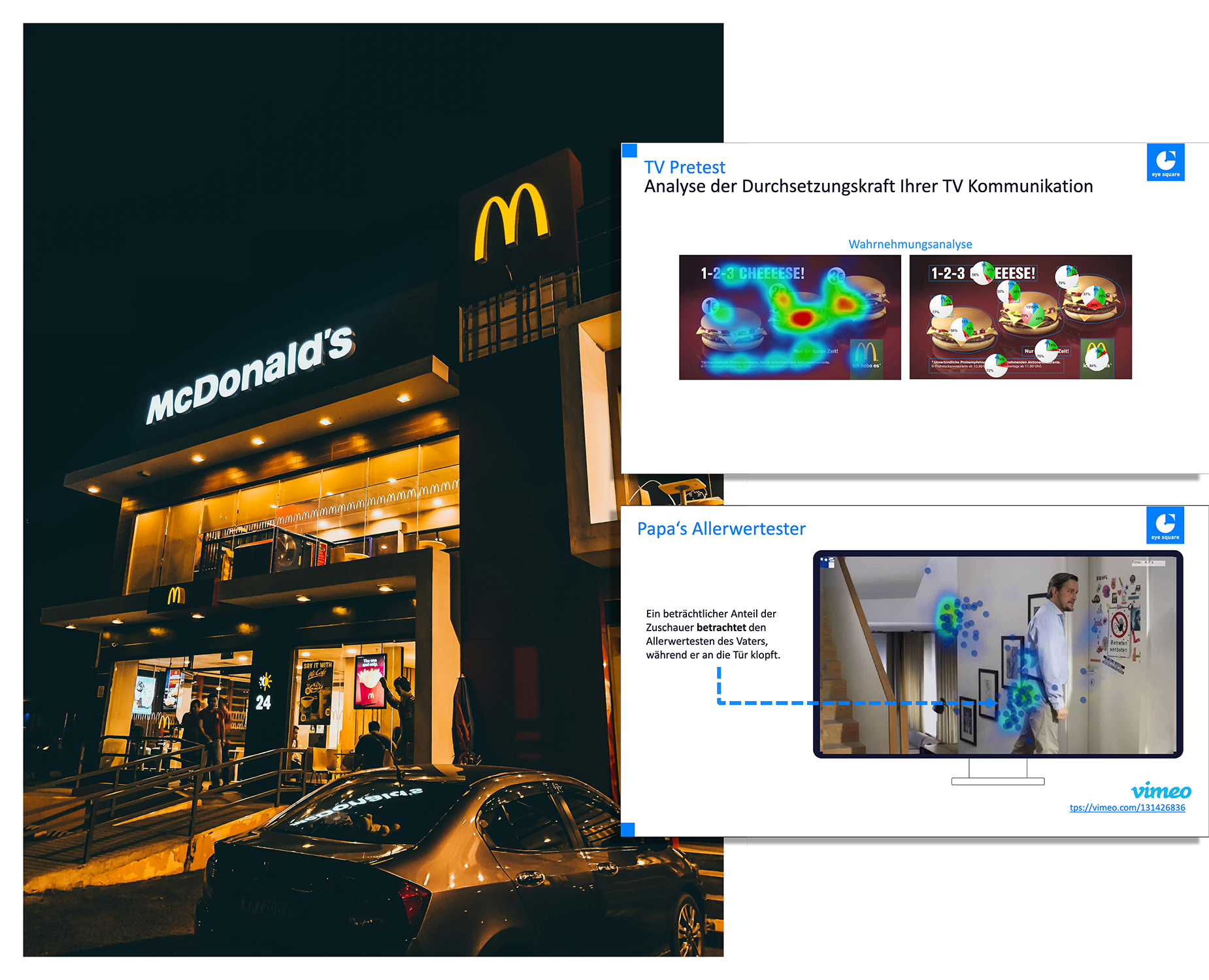 A photo of a McDonalds at night with two slides from the McDonald's white paper overlaid on top