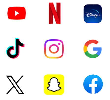 Youtube, Netflix, Disney+, Tikok, Instagram, Google, X, Snapchat and Facebook Logos against a transparent background